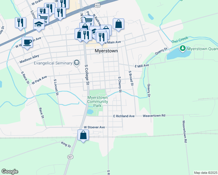 map of restaurants, bars, coffee shops, grocery stores, and more near 1 East Center Avenue in Myerstown