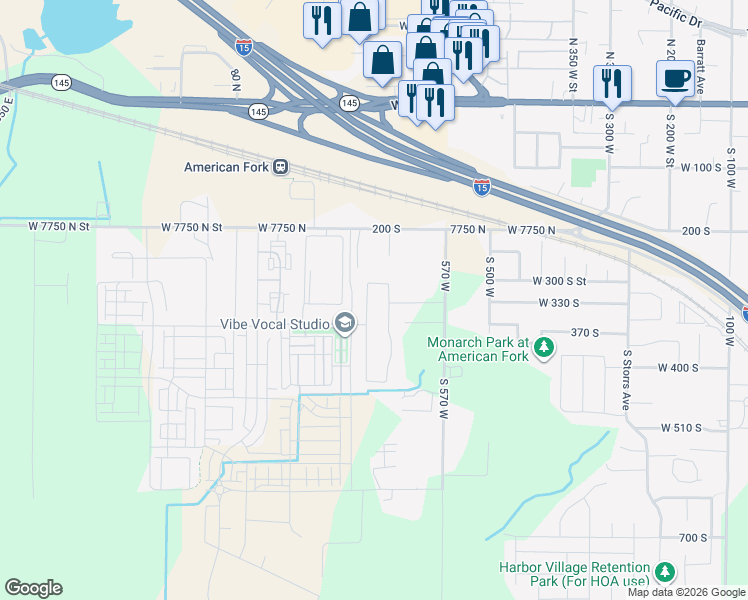 map of restaurants, bars, coffee shops, grocery stores, and more near 269 650 West in American Fork