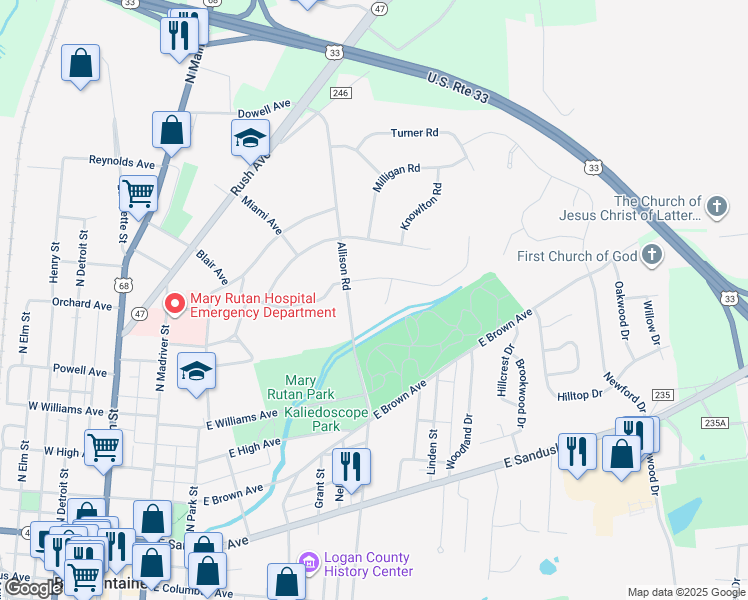map of restaurants, bars, coffee shops, grocery stores, and more near 1234 Dakota Road in Bellefontaine