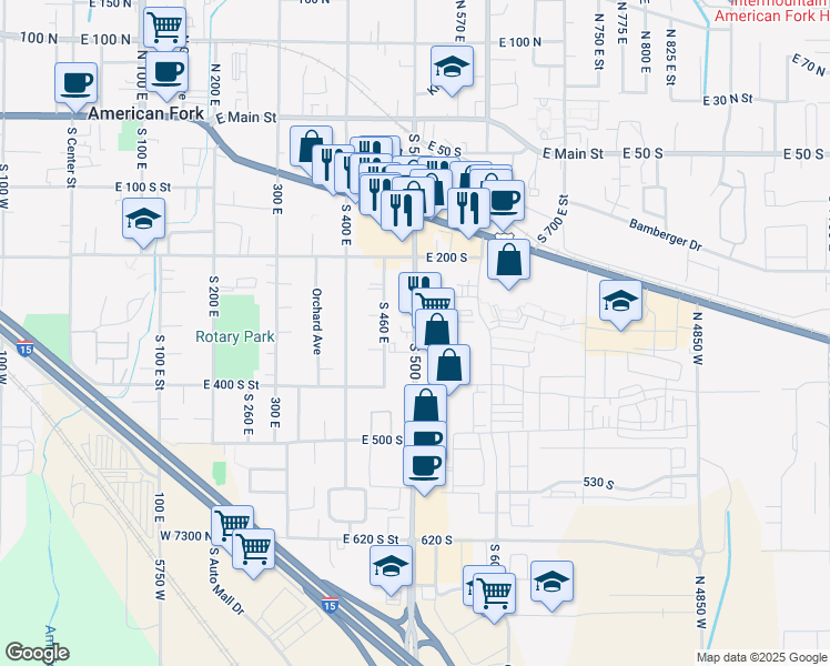 map of restaurants, bars, coffee shops, grocery stores, and more near 320 South 500 East in American Fork