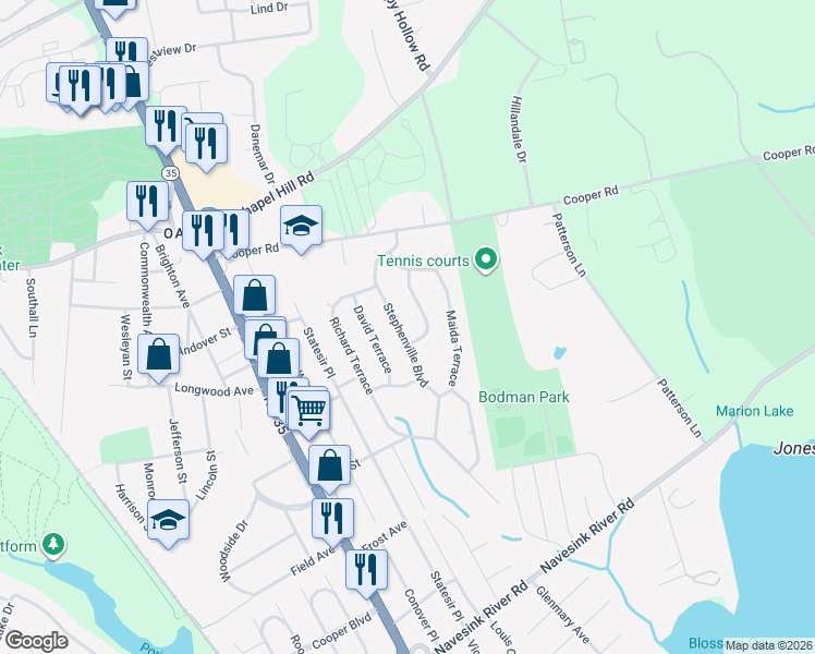 map of restaurants, bars, coffee shops, grocery stores, and more near 46 Virginia Terrace in Red Bank