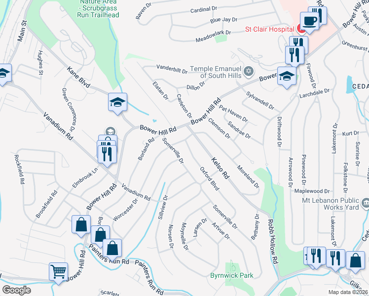 map of restaurants, bars, coffee shops, grocery stores, and more near 506 Kelso Road in Pittsburgh