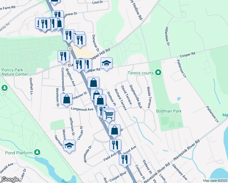map of restaurants, bars, coffee shops, grocery stores, and more near 40 Richard Terrace in Red Bank