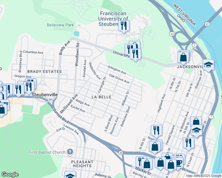 map of restaurants, bars, coffee shops, grocery stores, and more near 1315 Oregon Avenue in Steubenville
