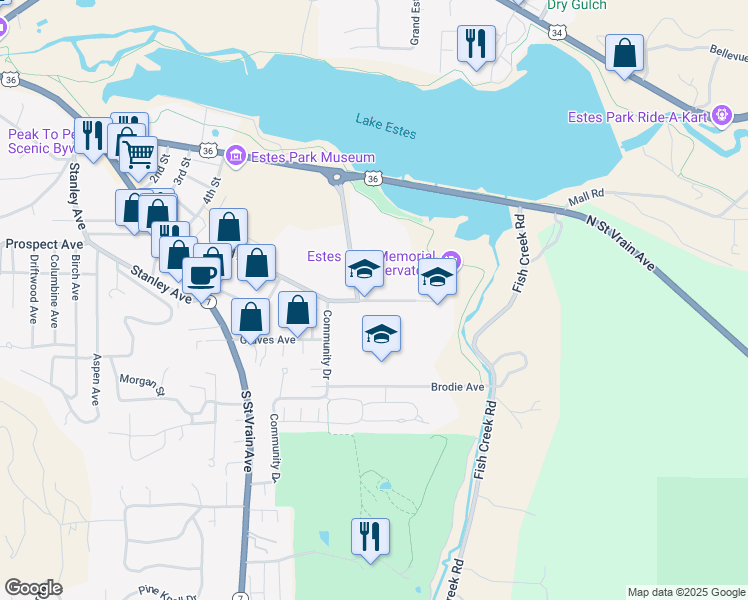 map of restaurants, bars, coffee shops, grocery stores, and more near 1500 Manford Avenue in Estes Park