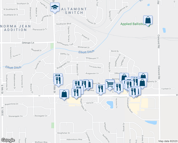 map of restaurants, bars, coffee shops, grocery stores, and more near 2020 Bridgewater Circle in Lafayette