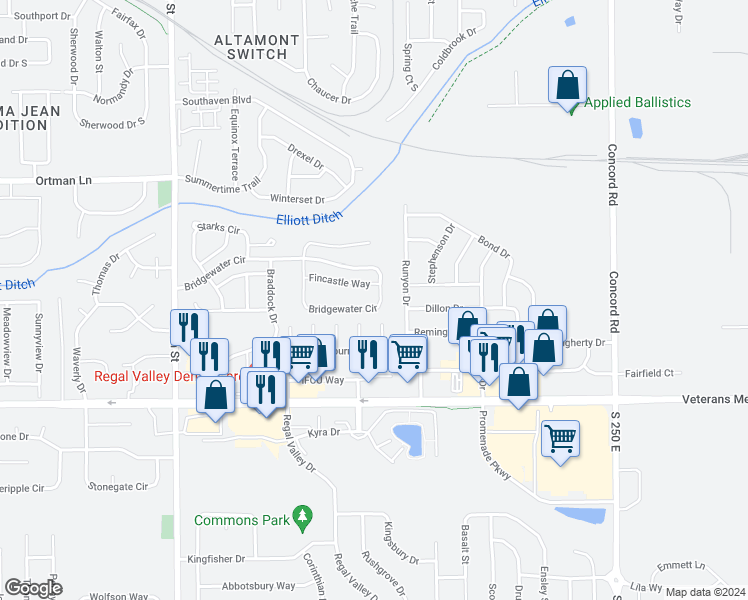 map of restaurants, bars, coffee shops, grocery stores, and more near 2204 Bridgewater Circle in Lafayette