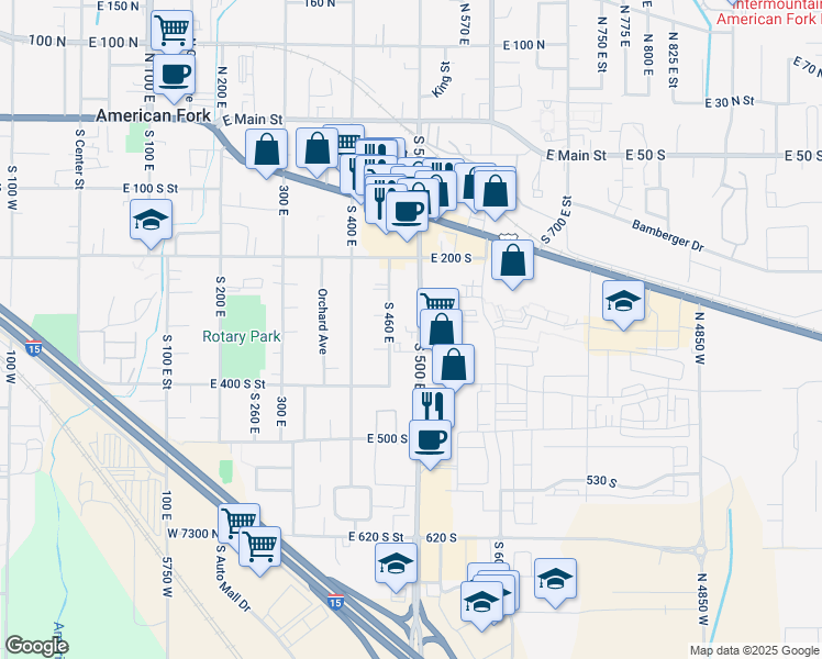 map of restaurants, bars, coffee shops, grocery stores, and more near 290 South 500 East in American Fork