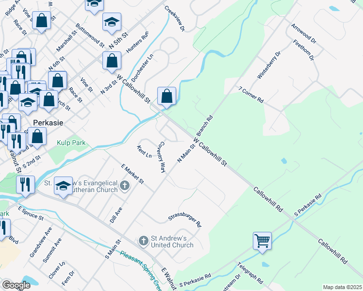 map of restaurants, bars, coffee shops, grocery stores, and more near 144 Strawberry Lane in Perkasie