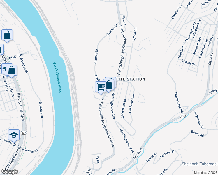map of restaurants, bars, coffee shops, grocery stores, and more near 520 Overhill Drive in North Versailles