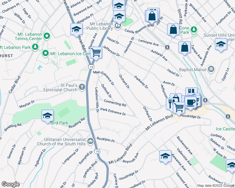 map of restaurants, bars, coffee shops, grocery stores, and more near 190 Main Entrance Drive in Pittsburgh