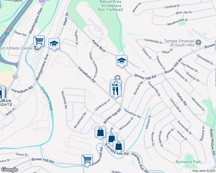 map of restaurants, bars, coffee shops, grocery stores, and more near 322 Elmbrook Lane in Pittsburgh