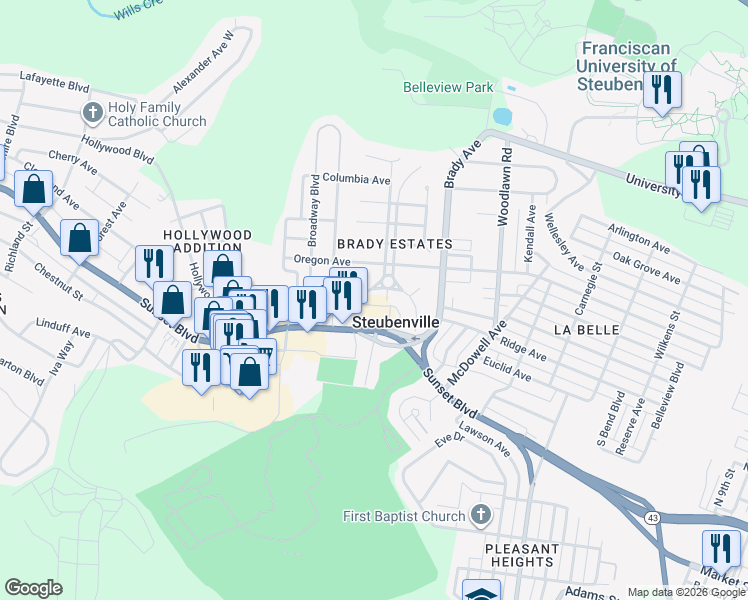 map of restaurants, bars, coffee shops, grocery stores, and more near 141 Brady Circle West in Steubenville