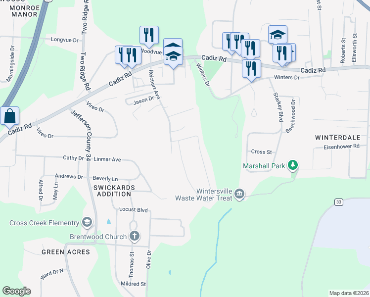 map of restaurants, bars, coffee shops, grocery stores, and more near 53 Forestview Drive in Steubenville