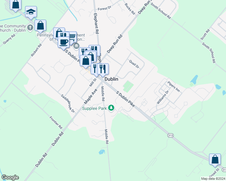 map of restaurants, bars, coffee shops, grocery stores, and more near 126 South Main Street in Dublin