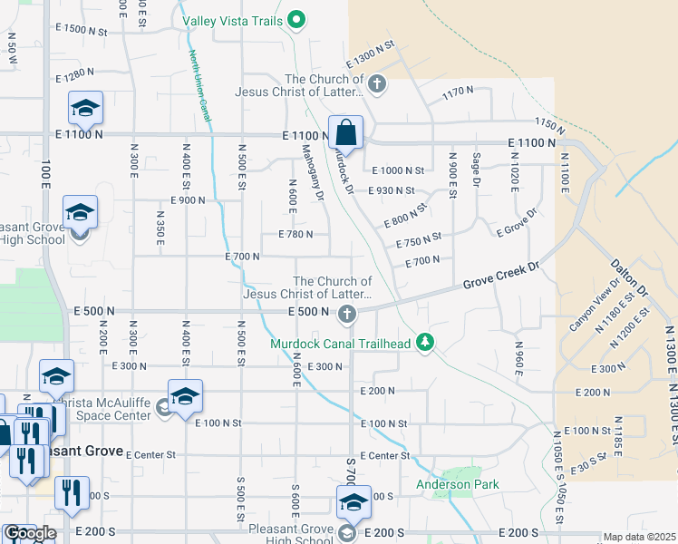 map of restaurants, bars, coffee shops, grocery stores, and more near 673 East 630 North in Pleasant Grove
