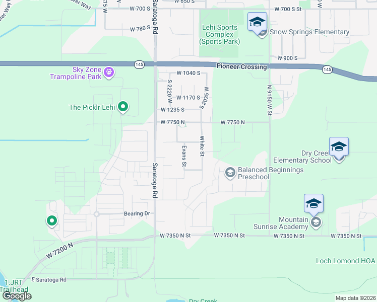map of restaurants, bars, coffee shops, grocery stores, and more near 1443 Evans Street in Lehi