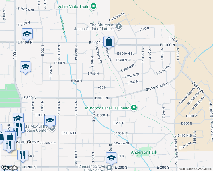 map of restaurants, bars, coffee shops, grocery stores, and more near 673 East 630 North in Pleasant Grove