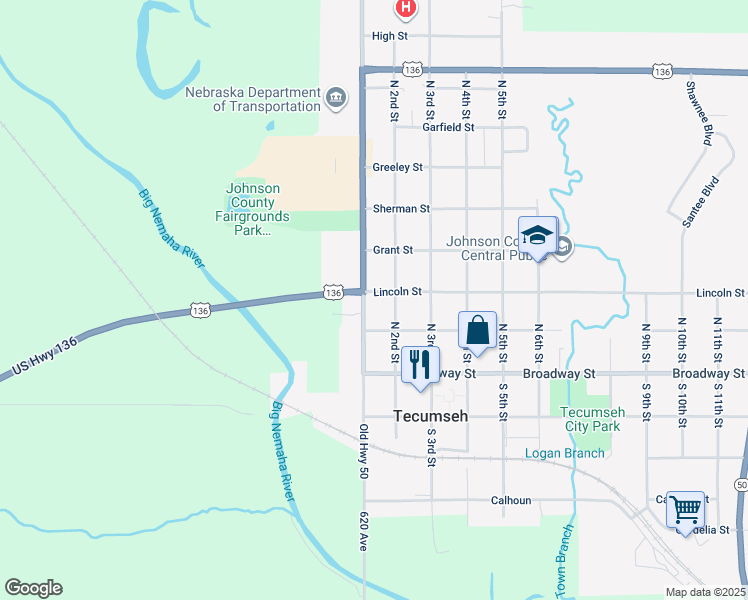 map of restaurants, bars, coffee shops, grocery stores, and more near 158 Lincoln Street in Tecumseh