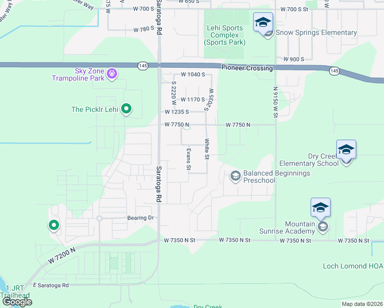 map of restaurants, bars, coffee shops, grocery stores, and more near 1443 Evans Street in Lehi