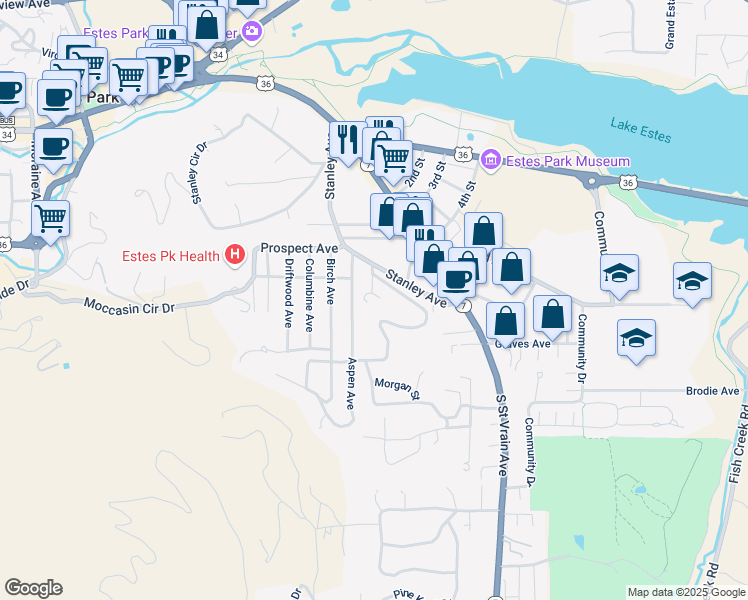 map of restaurants, bars, coffee shops, grocery stores, and more near 415 Ponderosa Drive in Estes Park