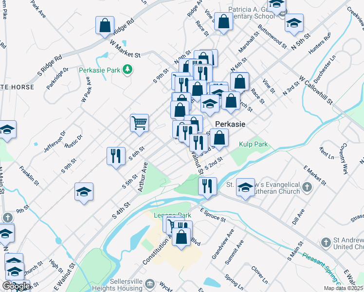 map of restaurants, bars, coffee shops, grocery stores, and more near 213 South 5th Street in Perkasie