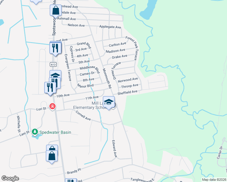 map of restaurants, bars, coffee shops, grocery stores, and more near 102 Monmouth Road in Monroe Township