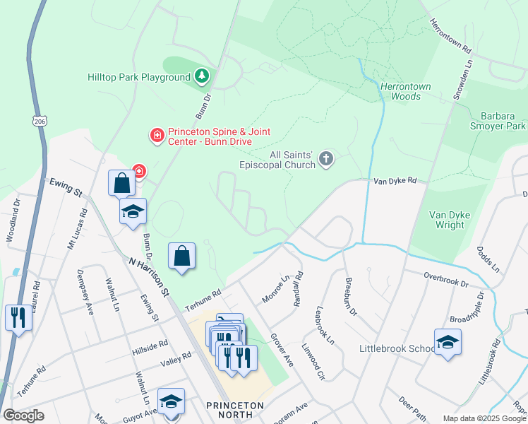 map of restaurants, bars, coffee shops, grocery stores, and more near 10 Governors Lane in Princeton
