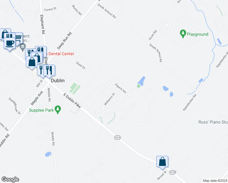map of restaurants, bars, coffee shops, grocery stores, and more near 55 Williams Drive in Fountainville