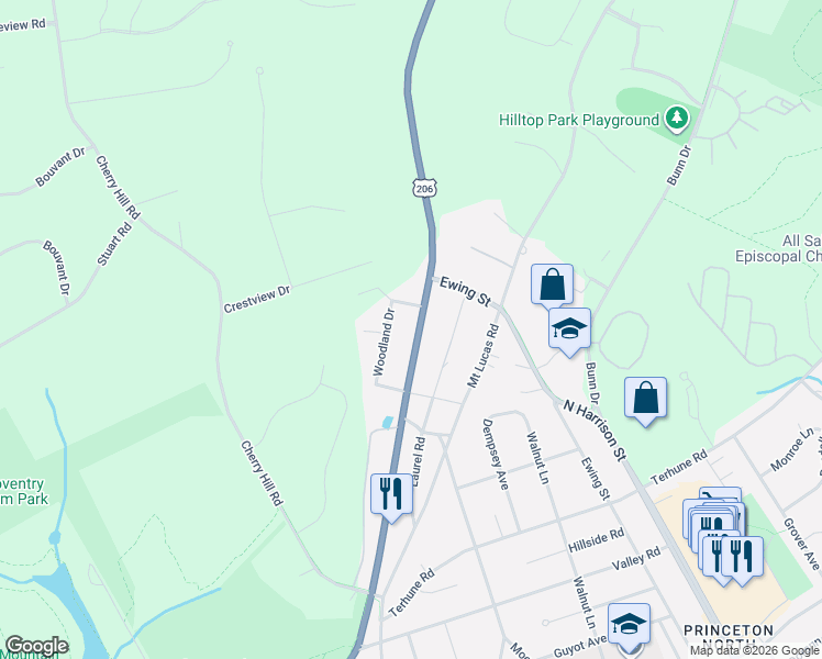 map of restaurants, bars, coffee shops, grocery stores, and more near 59 Woodland Drive in Princeton