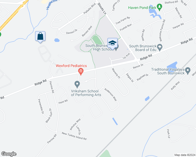 map of restaurants, bars, coffee shops, grocery stores, and more near 5 Anderson Way in South Brunswick Township