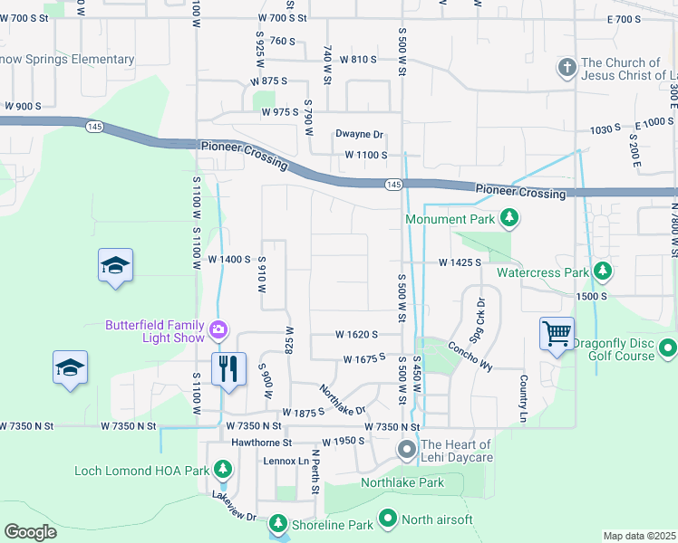 map of restaurants, bars, coffee shops, grocery stores, and more near 1389 South 825 West in Lehi