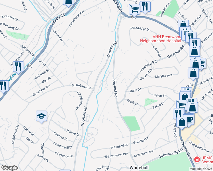 map of restaurants, bars, coffee shops, grocery stores, and more near 105 Shadowlawn Drive in Pittsburgh