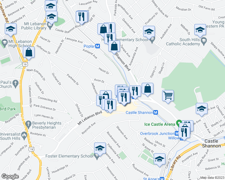 map of restaurants, bars, coffee shops, grocery stores, and more near 400 Avon Drive in Pittsburgh