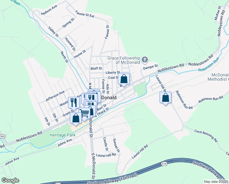 map of restaurants, bars, coffee shops, grocery stores, and more near 117 Center Avenue in McDonald