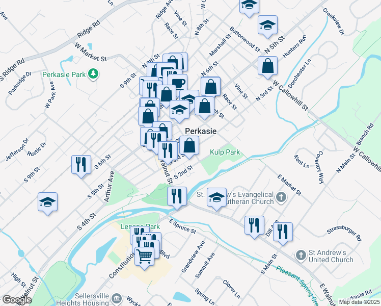 map of restaurants, bars, coffee shops, grocery stores, and more near 113 South 3rd Street in Perkasie