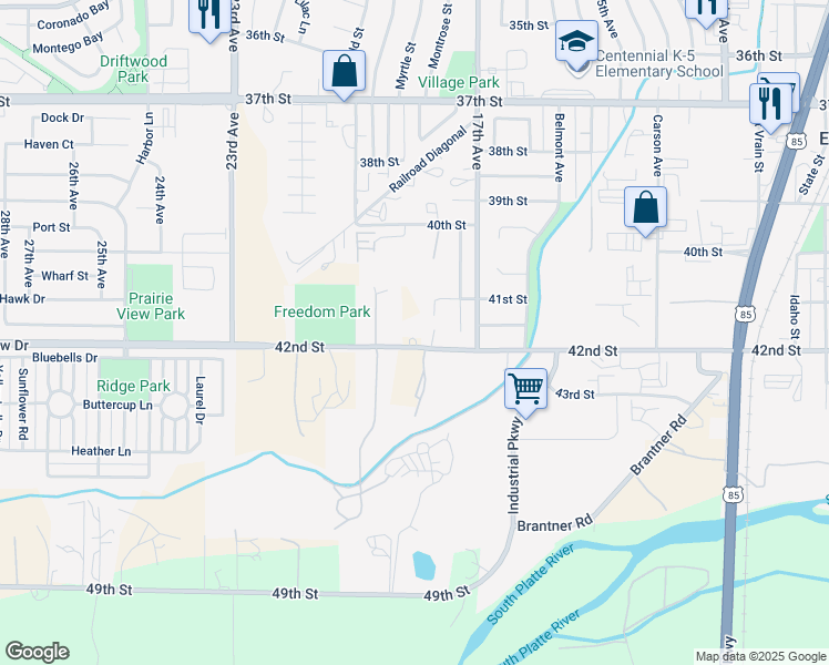 map of restaurants, bars, coffee shops, grocery stores, and more near 1893 42nd Street in Evans