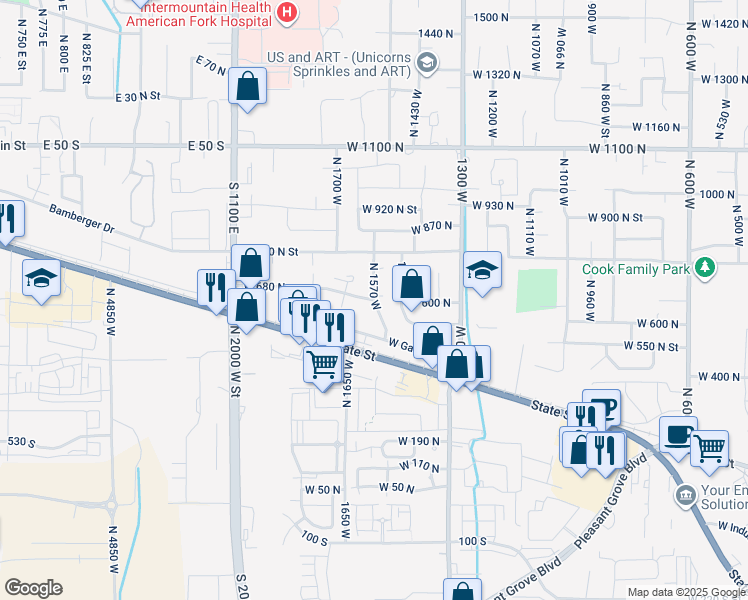 map of restaurants, bars, coffee shops, grocery stores, and more near 627 North 1570 West in Pleasant Grove