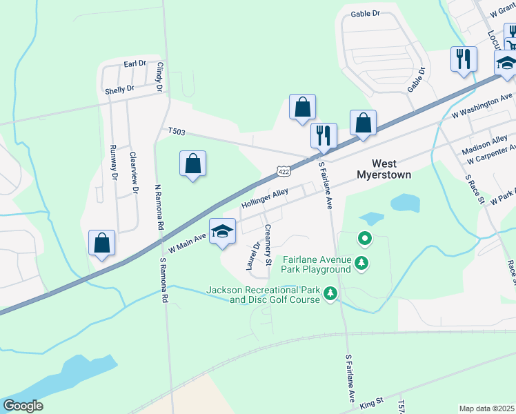 map of restaurants, bars, coffee shops, grocery stores, and more near 537 West Main Avenue in Myerstown