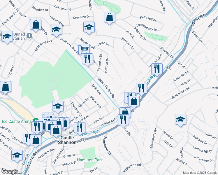 map of restaurants, bars, coffee shops, grocery stores, and more near 952 Sleepy Hollow Road in Castle Shannon