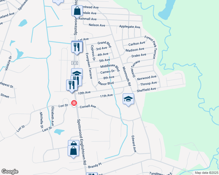 map of restaurants, bars, coffee shops, grocery stores, and more near 24 Manor Boulevard in Monroe Township