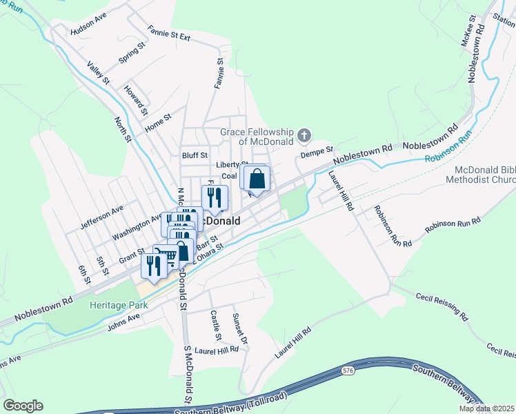 map of restaurants, bars, coffee shops, grocery stores, and more near 331 Noblestown Road in McDonald