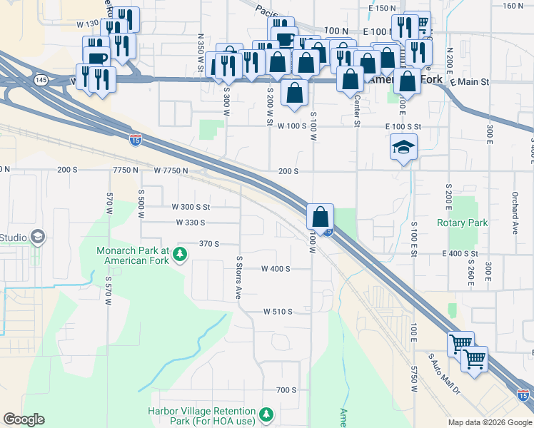 map of restaurants, bars, coffee shops, grocery stores, and more near 188 West 310 South Street in American Fork