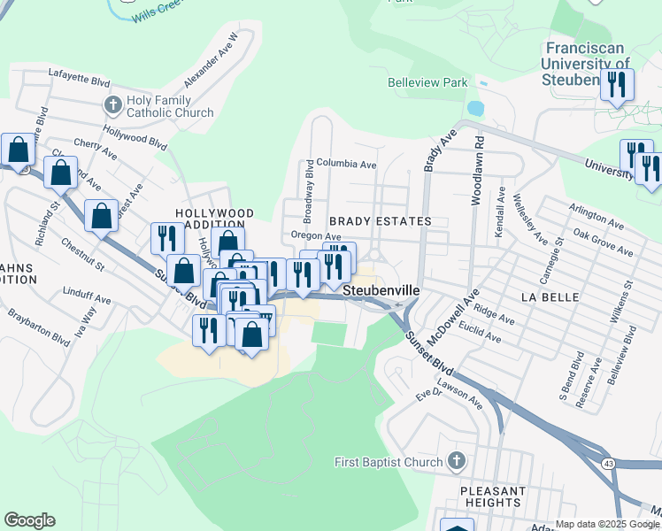 map of restaurants, bars, coffee shops, grocery stores, and more near 635 Oxford Boulevard in Steubenville