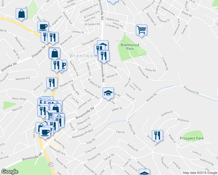 map of restaurants, bars, coffee shops, grocery stores, and more near 3796 Woodrow Avenue in Pittsburgh