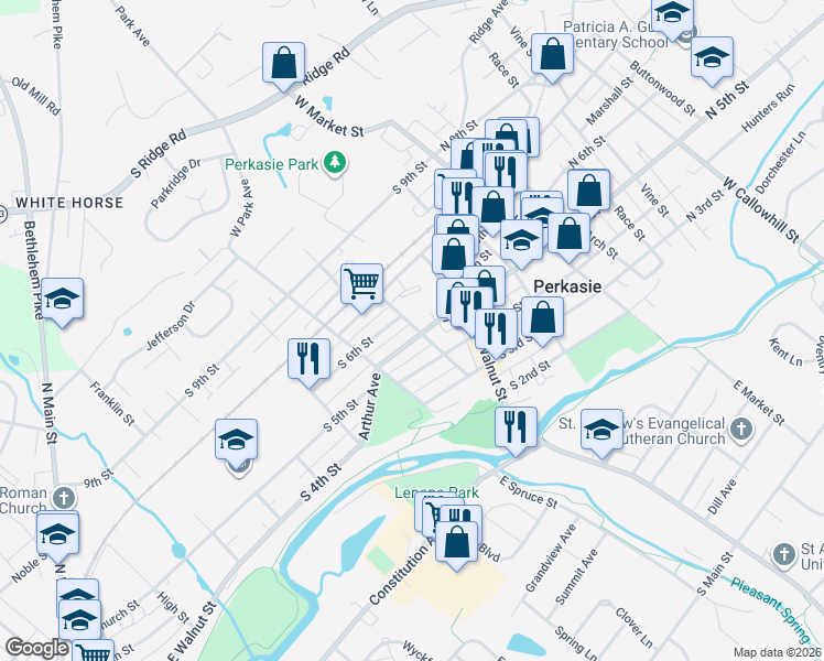 map of restaurants, bars, coffee shops, grocery stores, and more near 310 South 5th Street in Perkasie