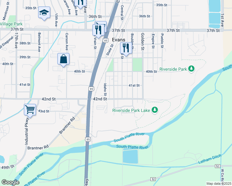 map of restaurants, bars, coffee shops, grocery stores, and more near 4106 Denver Street in Evans