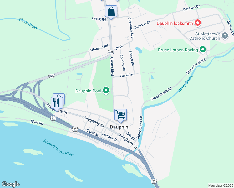 map of restaurants, bars, coffee shops, grocery stores, and more near 411 Mountainview Lane in Dauphin