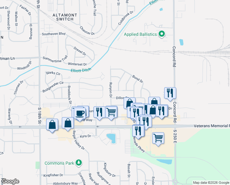 map of restaurants, bars, coffee shops, grocery stores, and more near 2700-2798 Queenscastle Drive in Lafayette