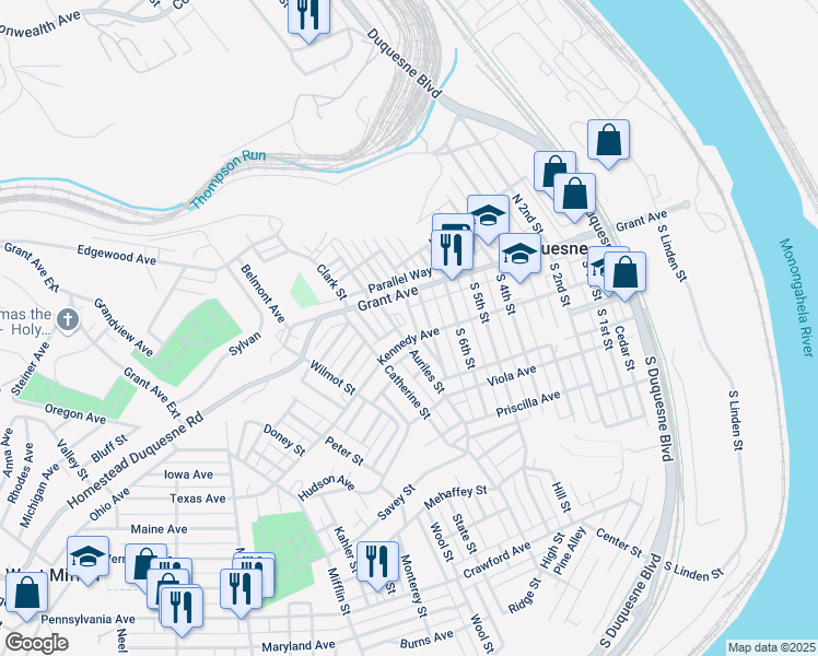 map of restaurants, bars, coffee shops, grocery stores, and more near 26 Norman Street in Duquesne